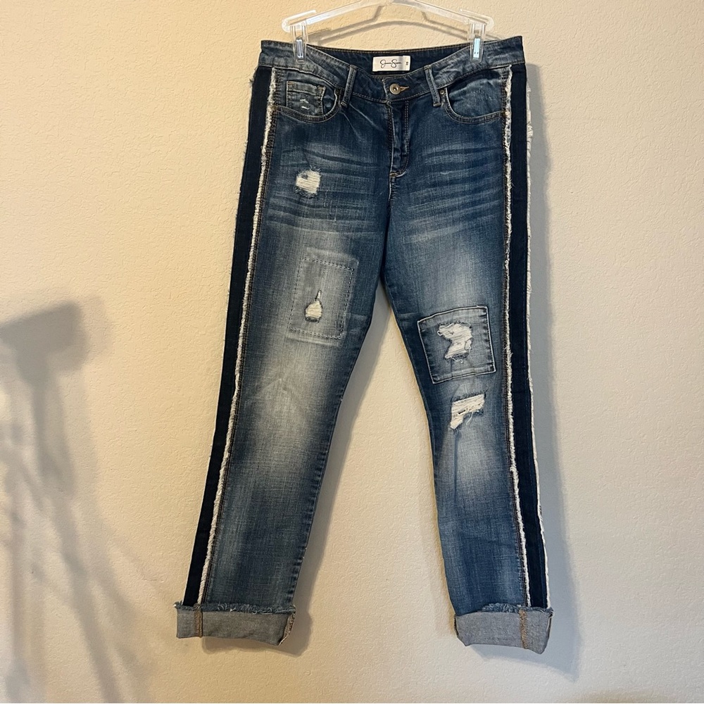 Jessica Simpson Distressed Arrow Straight Striped Side Denim Jeans